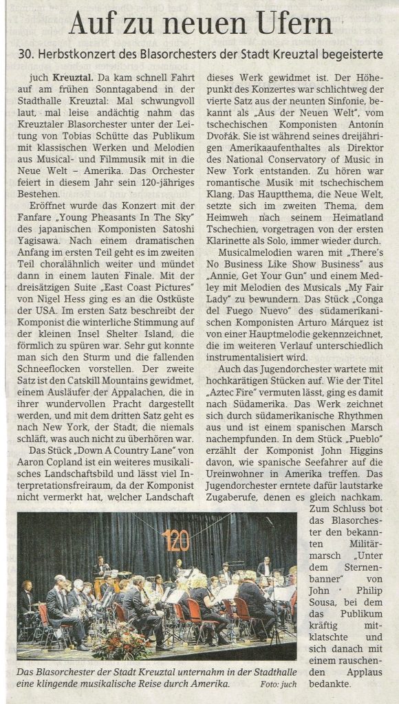 Artikel aus der Siegener Zeitung zum Herbstkonzert 2018 in der Stadthalle Kreuztal